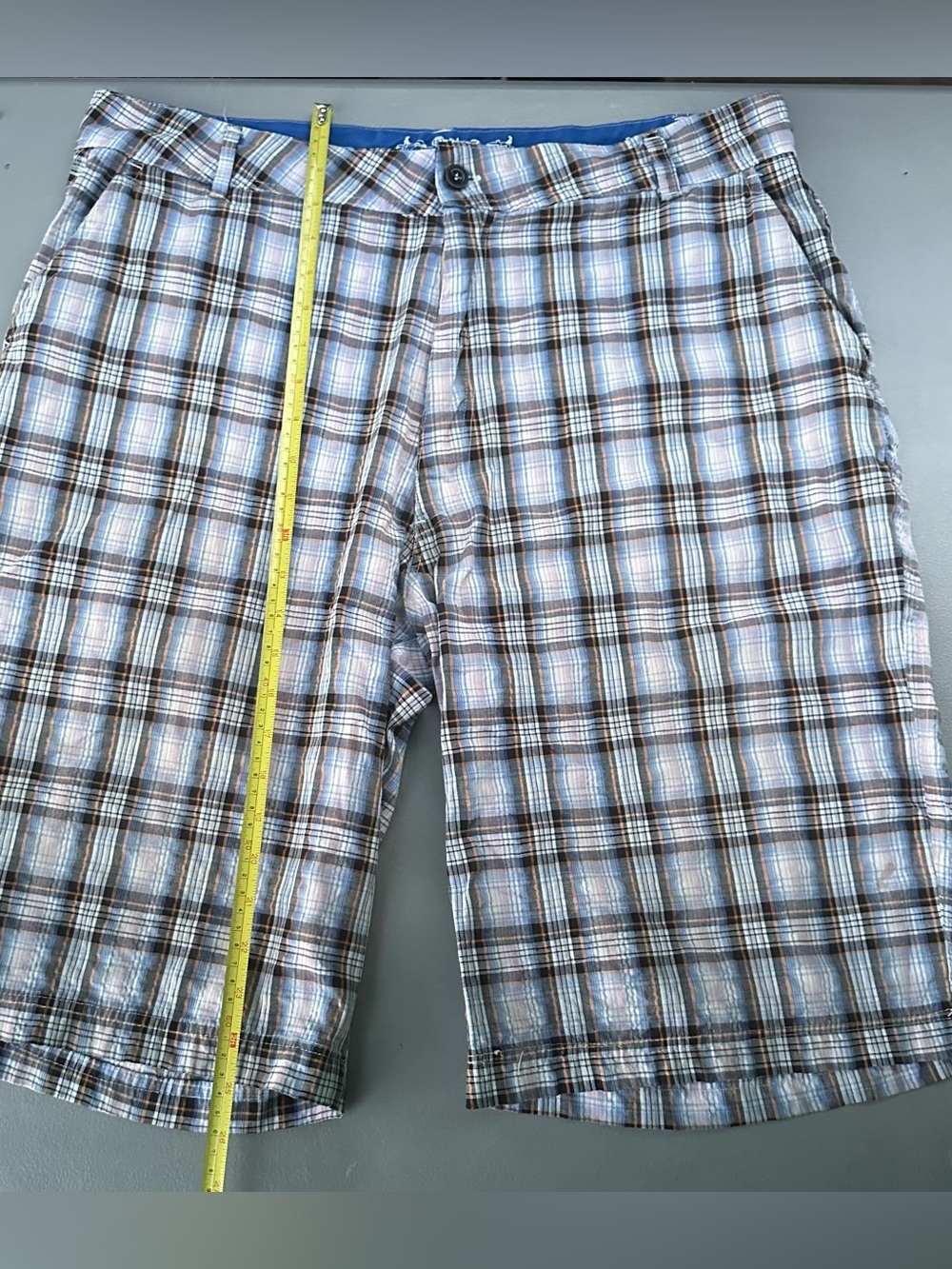 Men's Plaid Flat Front Shorts - Blue & Brown